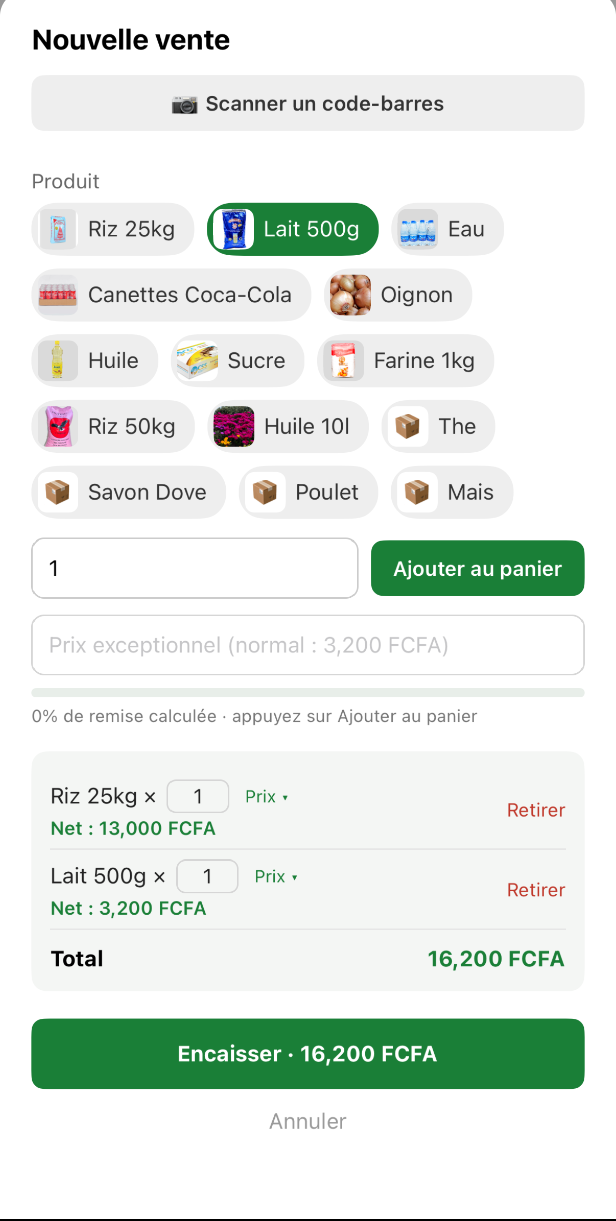 Écran de vente Jaay+ : panier, scan de code-barres et encaissement